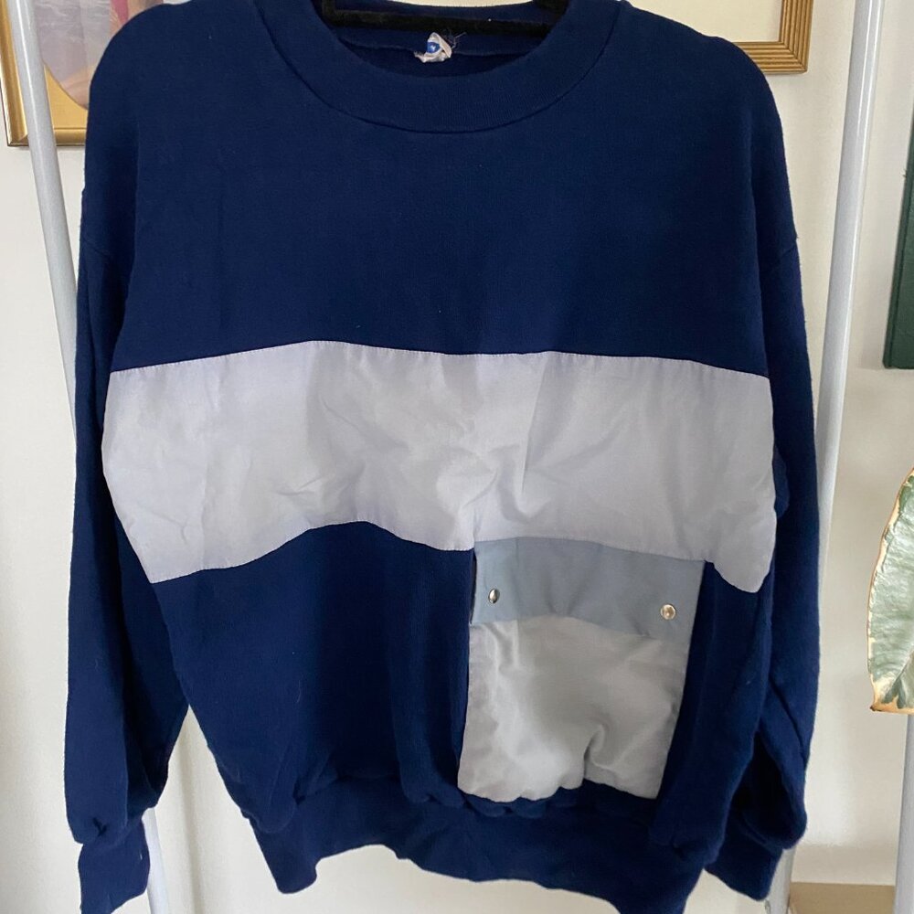 Blue Colorblock Street Style Sweater with Pocket